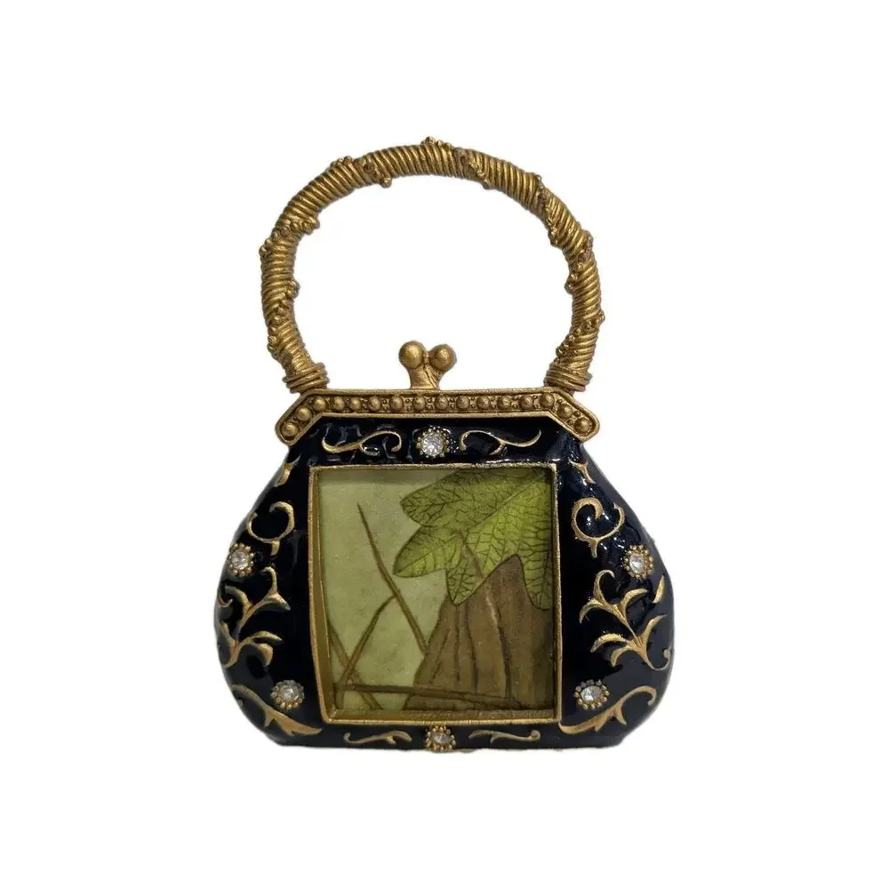 Vintage Style Purse Shaped Mini Picture Frame Rhinestone Jeweled Tabletop Decor